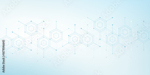 Modern health care or medical background design. Health care innovation concept. Horizontal header web banner. Abstract geometric background with hexagon shapes for medicine, science, chemistry.