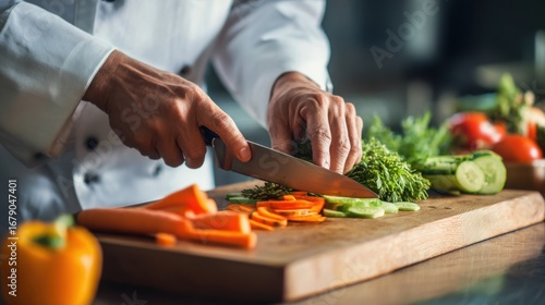 A skilled chef slices colorful vegetables including carrots, cucumbers, and bell peppers on a wooden cutting board in a contemporary kitchen setting, emphasizing culinary artistry.