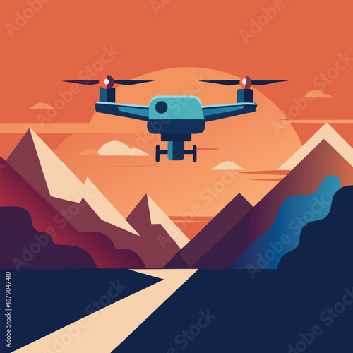 Modern flat design of a flying drone with a camera capturing aerial footage