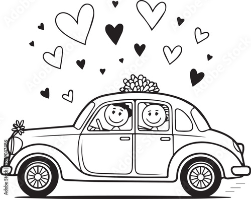 First Wedding Day Trip: A joyous wedding scene unfolds with a lovely couple, riding in a charming car, surrounded by symbols of love, heading toward their new life together.