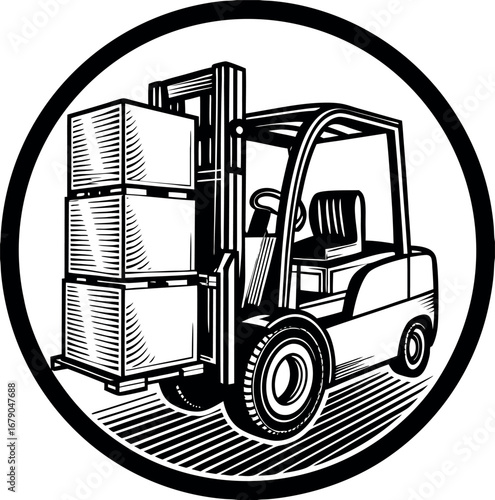 Flat vector illustration of a forklift transporting cargo boxes