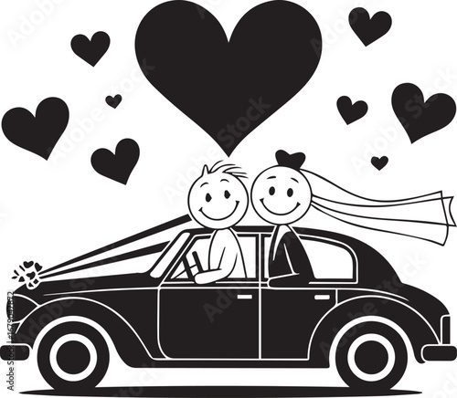 Just Married: A charming line art illustration depicts a newlywed couple joyfully riding in a vintage car, adorned with hearts and romantic symbols to celebrate their special day.
