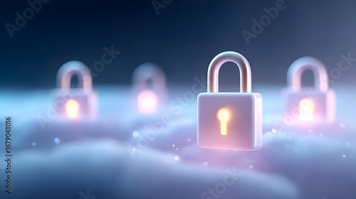 A serene digital landscape featuring glowing locks floating among soft clouds, symbolizing security and protection in a virtual space.