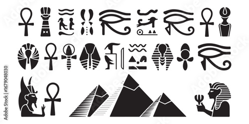 Collection of ancient egyptian hieroglyphs symbols and iconic structures like pyramids and pharaohs