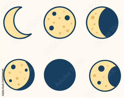 Moon Phases Icon Set – Minimalist Flat Design Vector, Lunar Cycle Illustration