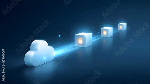 A digital illustration of a cloud connected to secure data blocks, symbolizing cloud storage and data protection.