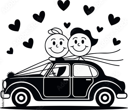 Love on the Road: A whimsical cartoon illustration of a happy couple in a vintage car, showered with hearts, symbolizing love, marriage, and journey ahead. 