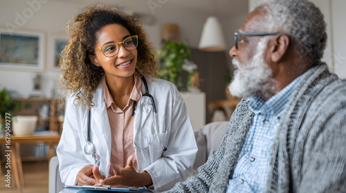 A female Black doctor in a white coat listens attentively to a senior Black man during a consultation.