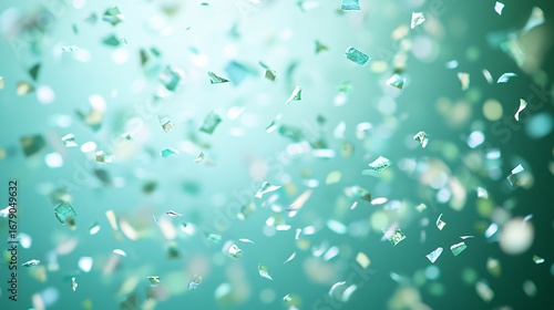Falling turquoise confetti with sparkling bokeh background