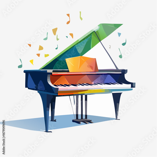 Colorful abstract grand piano with musical notes floating around it, representing creativity and passion for music, digital illustration