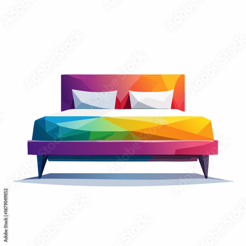 Modern geometric low profile bed with rainbow gradient headboard and matching pillows on a white background, minimalist design