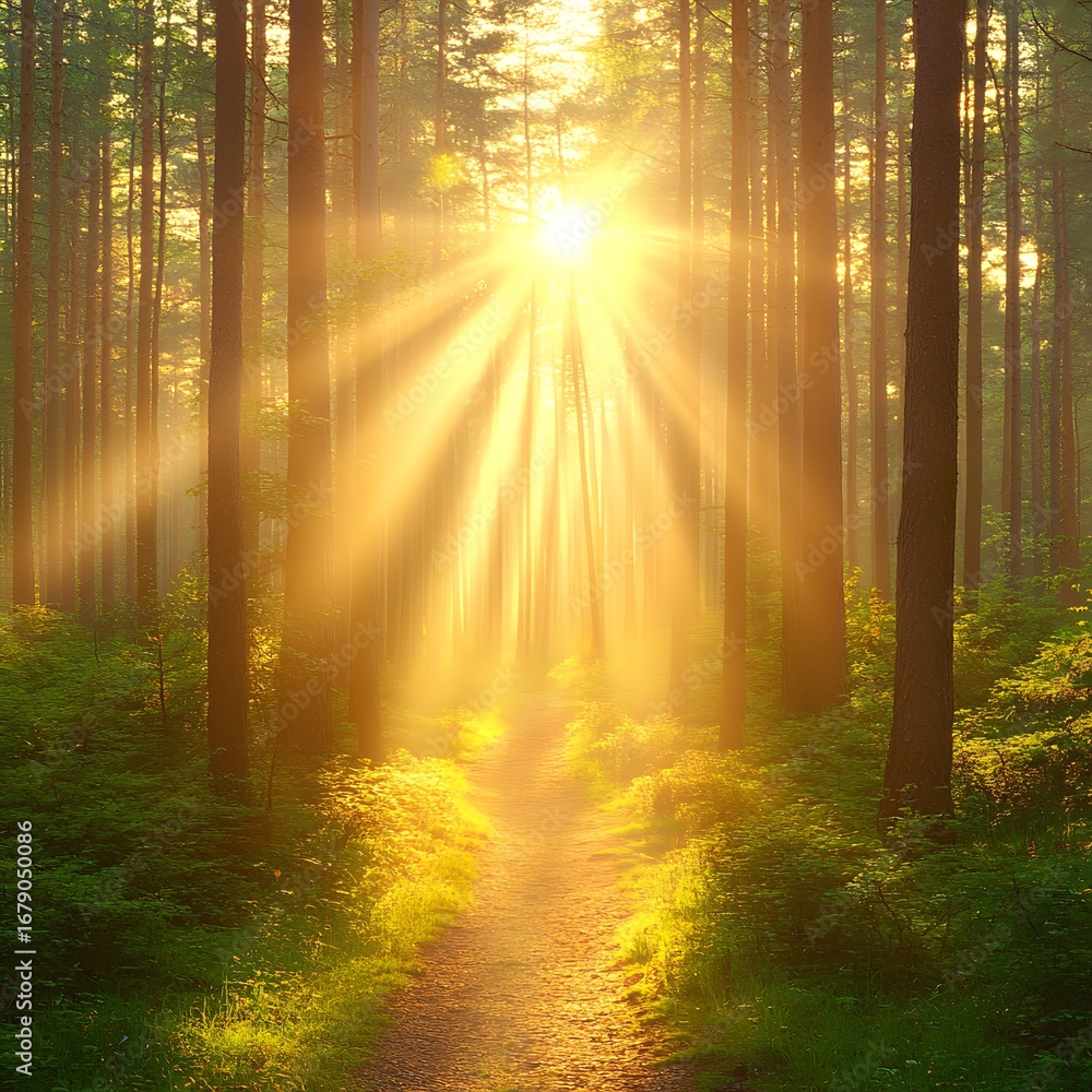 Naklejka premium Sunbeams Path Through Misty Forest Sunrise