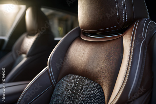 Car seat detail: brown leather and patterned fabric