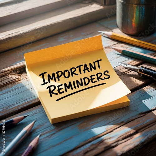 important reminders sticky note on wooden desk, important reminders sticky note for office organization, important reminders sticky note for productivity planning