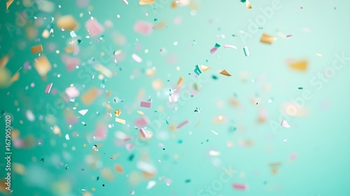 Colorful falling confetti on a vibrant turquoise background