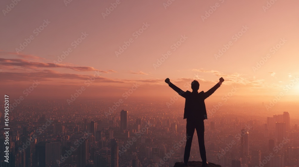 Fototapeta premium A person stands triumphantly on a high vantage point, arms raised in celebration. The vibrant sunset casts colorful hues over the sprawling city below, creating a moment of joy and accomplishment.