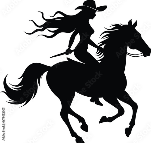 Silhouette of a powerful cowgirl with flowing hair and a cowboy hat riding a galloping horse with a sword