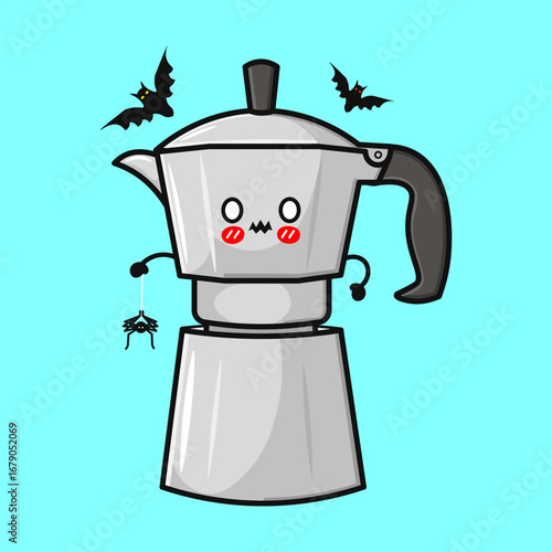 This cute illustration features a Halloween coffee maker with bats and a spider in a whimsical scene.