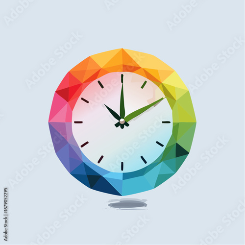 Vibrant geometric clock illustration with a low-poly, faceted design in a rainbow color spectrum, representing time and modern concepts