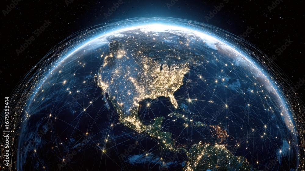 Obraz premium View of Earth from space highlighting North and Central America at night. Vibrant city lights create a network of illumination while showing the interconnectivity of various regions.