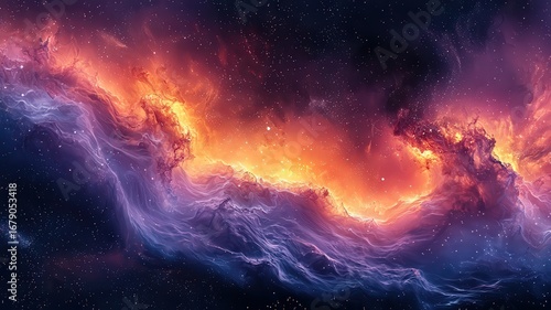 Vibrant cosmic nebula with swirling clouds and fiery ues, evoking a sense of woder and exploration in theuniverse.