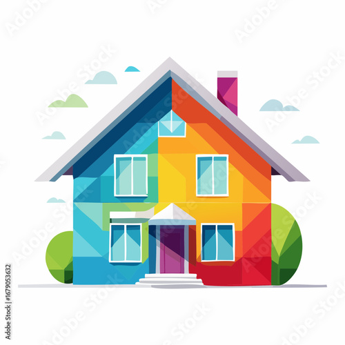 Stylized modern family home with a vibrant dual-color facade, a vector graphic concept for property investment, renovation, and real estate