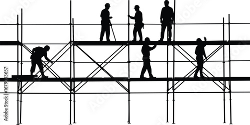 Silhouette of construction workers on scaffolding, safety helmets, teamwork, building structure, industrial site, labor in progress, elevated work, construction equipment, industrial safety.