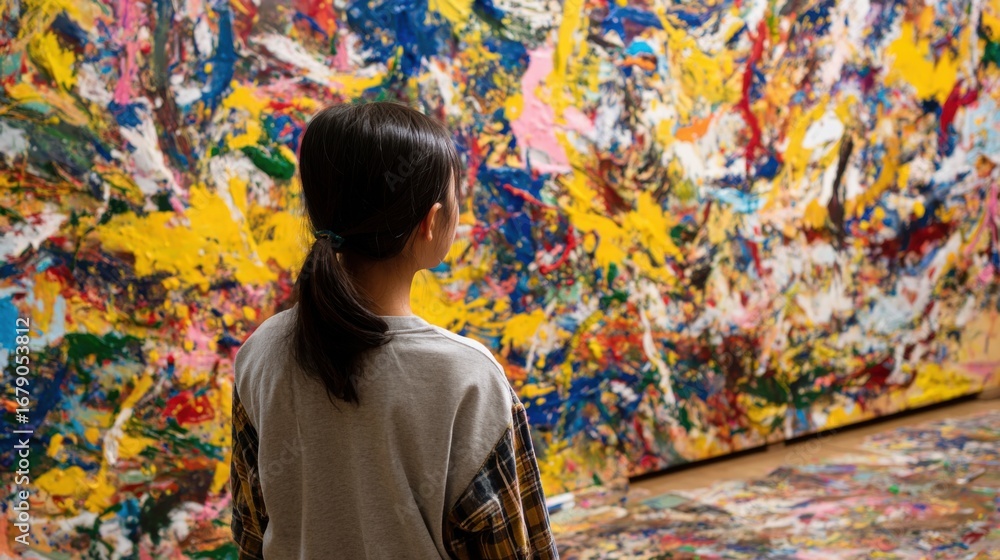 Obraz premium A young child stands in front of a large abstract painting filled with bright colors and textures. The art is displayed in a sunny gallery setting, inviting exploration and creativity.