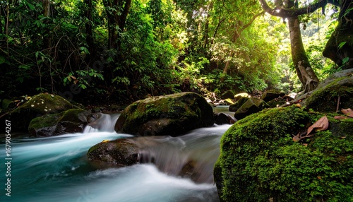Tranquil Jungle Stream Flowing Over Mossy Rocks