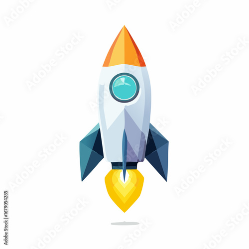 Stylized cartoon rocket ship launching into the sky with fire exhaust. Modern vector graphic illustration for startup business and technology concepts