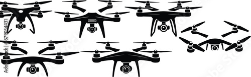 Black silhouette quadcopter drone icons, various aerial photography drone designs, UAV technology symbols, flat vector set, isolated illustration, cad drawing flat vector illustration