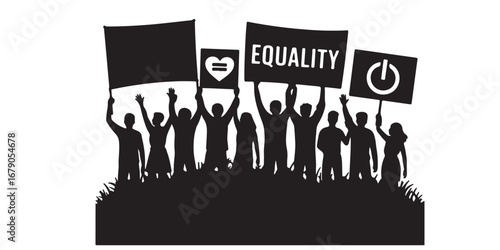 Silhouette of diverse crowd holding signs advocating for equality and social justice