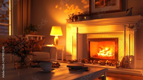 Wallpaper Mural Cozy living room with fireplace, warm lighting, and autumn decor. Torontodigital.ca