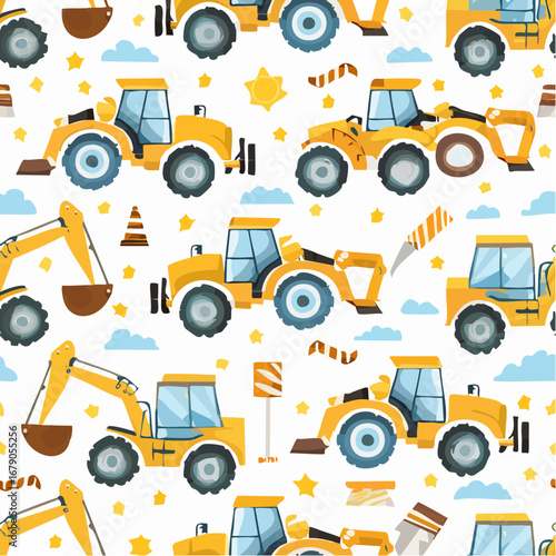 Construction Vehicle Seamless Pattern. Excavator Seamless Repeat Design. Boys Seamless Pattern