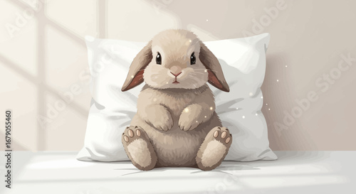 Adorable bunny relaxing on a fluffy pillow evokes a feeling of comfort
