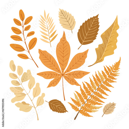 A collection of autumn leaves in warm, earthy tones. A vector illustration for a fall season background, Thanksgiving card, or nature design concept. Generative AI