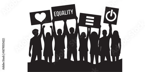 Diverse group of people holding signs advocating for equality and social justice