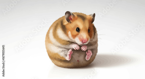 Adorable golden hamster curled up in a ball on white background artwork