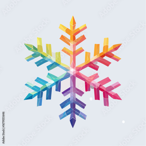 Modern vector illustration of a geometric crystalline snowflake with a vibrant rainbow color spectrum. Abstract holiday symbol for winter and Christmas