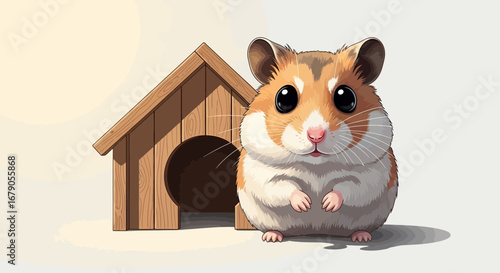Adorable hamster sitting next to its wooden house creating a charming scene