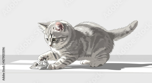 Adorable kitten playing with a crumpled paper ball, a playful vector art