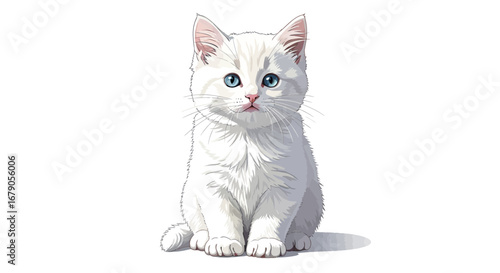 Adorable white kitten with striking blue eyes posing against white space