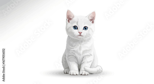 Adorable white kitten with captivating blue eyes sitting upright pose