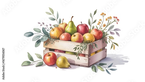 Watercolor harvest crate filled with fresh apples and pears