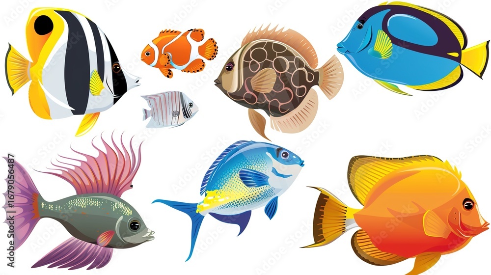 Naklejka premium Various Fish on a White Background – a vibrant and playful visual. The colorful fish set against a white backdrop create a lively and eye-catching composition.