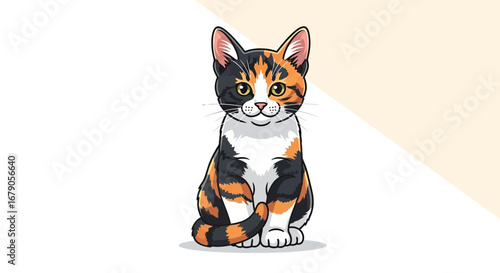 Charming Calico Cat Vector Illustration, Cute Kitten Smiling Character