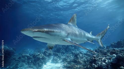 A large shark glides effortlessly above a colorful coral reef, showcasing its impressive size and sleek body in a clear blue ocean. Sunlight filters through the water, illuminating the scene.