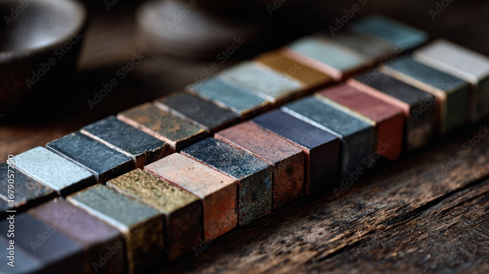Aesthetic editorial close-up of a batch of encaustic tiles in muted jewel tones laid out in preparation for installation, dark wooden table beneath