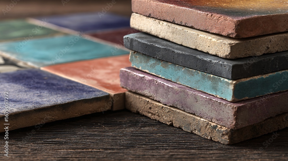 Aesthetic editorial close-up of a batch of encaustic tiles in muted jewel tones laid out in preparation for installation, dark wooden table beneath