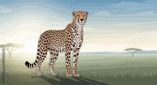 Cheetah standing in the African savanna with grass and trees vector
